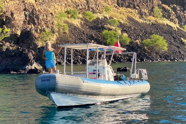 Person on a small boat with canopy near rocky shoreline with green shrubs.